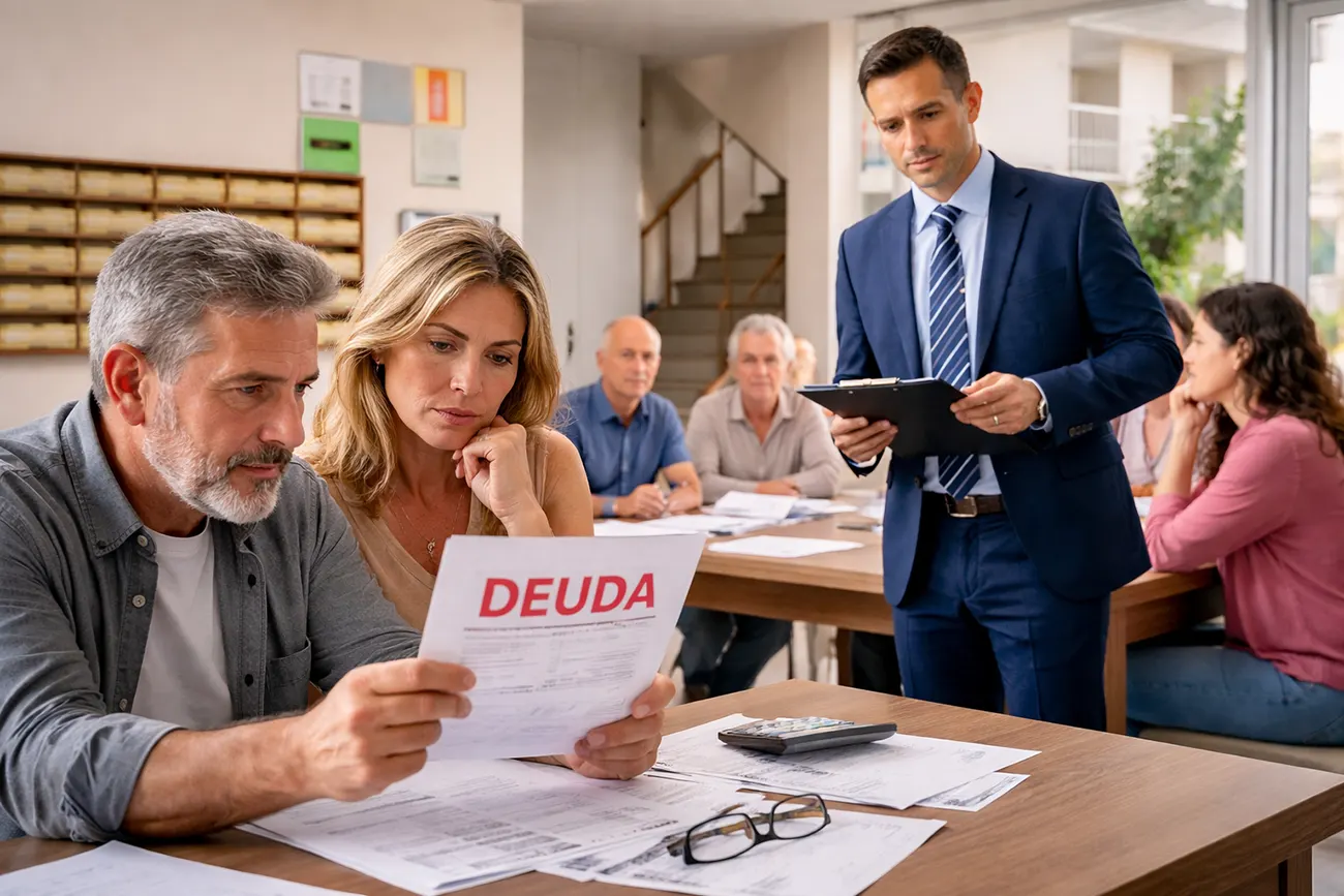 Reunión de comunidad de propietarios en Valladolid tratando un caso de morosidad con el administrador de fincas de Gesaf Gestión